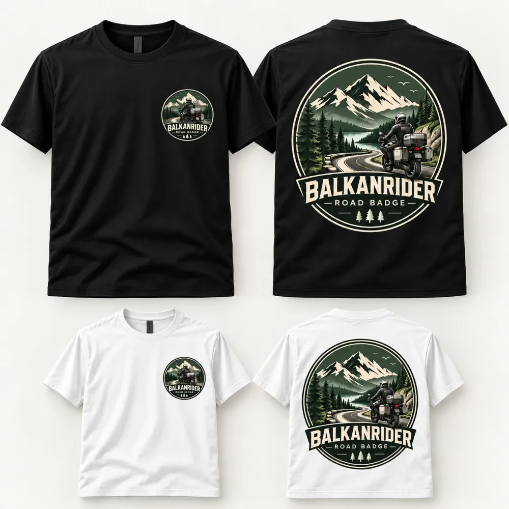 Черен и бял тениск с емблемата BalkanRider Road Badge.